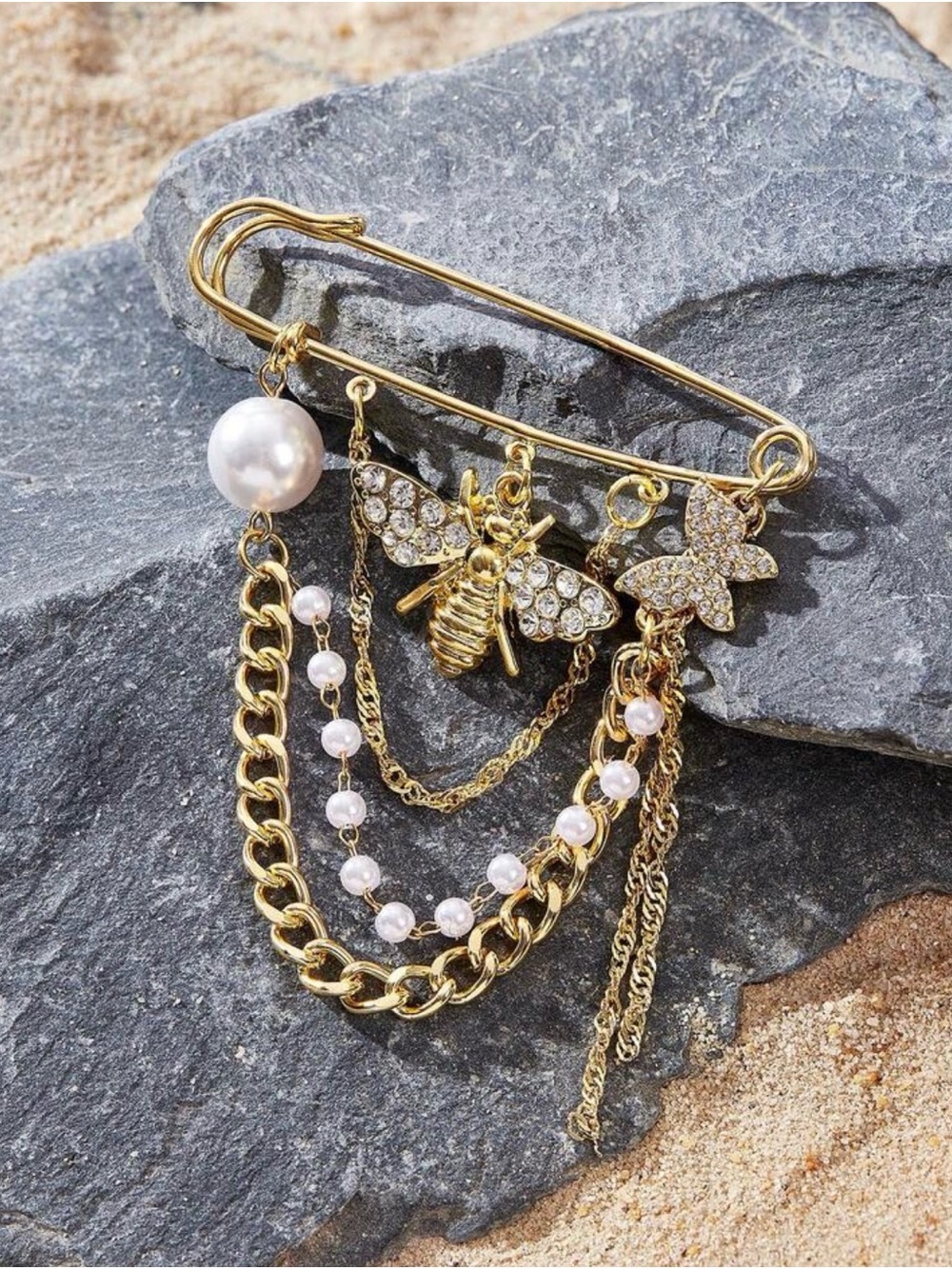 Gold Bee and Pearl Multi-Chain Brooch Pin